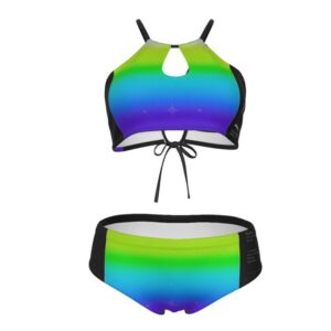 Two-piece cami keyhole swimsuit with a rainbow gradient front and black trim, featuring “ANXIETY” prescription-style text graphic on the back of the bottoms.