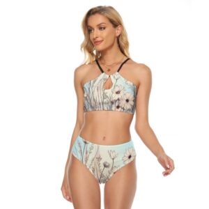 Model wearing a high-waisted two-piece swimsuit with a soft blue background and vintage-style wildflower print. The cami top has a keyhole cutout and crisscross back straps tied at the waist
