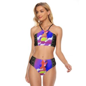 Two-piece swimsuit with a halter cami-style top featuring a keyhole cutout and a vivid gradient of neon green, blue, and purple with black sides and star sparkles; paired with matching high-waisted bottoms