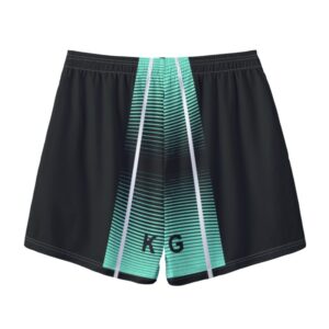 Men’s swim shorts with a modern green and black striped digital design and random letters printed across the front.