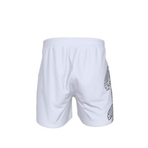 Men’s white swim shorts featuring a large black line-drawn sea turtle with intricate mandala-style shell design on one leg, with a front drawstring waist.