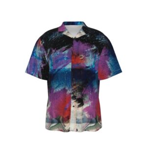 Short-sleeve button-up shirt featuring a chaotic, colorful paint-splatter design in purple, blue, red, and black tones, with a collar and front buttons.