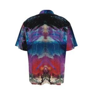 Short-sleeve button-up shirt featuring a chaotic, colorful paint-splatter design in purple, blue, red, and black tones, with a collar and front buttons.