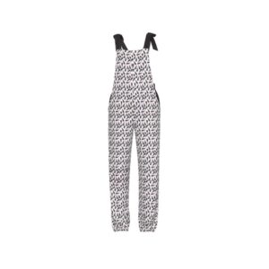 White jumpsuit with black side panels and an all-over pink and black lipstick tube print, featuring adjustable black shoulder ties.