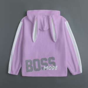Model wearing a lavender zip-up hoodie with white stripes on the sleeves, silver "BOSS" text with mini sunglasses graphic, and 3D bunny ears on the hood.