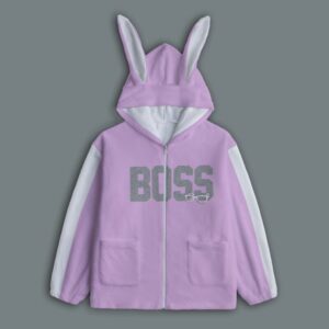 Model wearing a lavender zip-up hoodie with white stripes on the sleeves, silver "BOSS" text with mini sunglasses graphic, and 3D bunny ears on the hood.