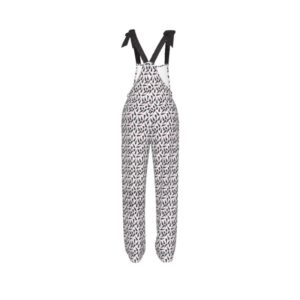 White jumpsuit with black side panels and an all-over pink and black lipstick tube print, featuring adjustable black shoulder ties.