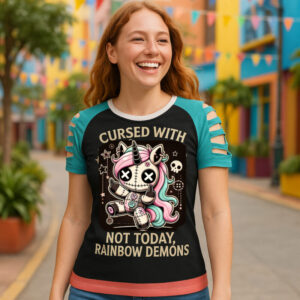 A women’s short-sleeve t-shirt with teal slashed sleeves and a light pink hem. The center graphic shows a stitched-up, gothic unicorn with multicolored hair, button eyes, and a stitched belly, holding up both middle fingers. Above it, the text reads “Cursed With” and below it says “Not Today, Rainbow Demons.” The background is black with small skull and star accents.