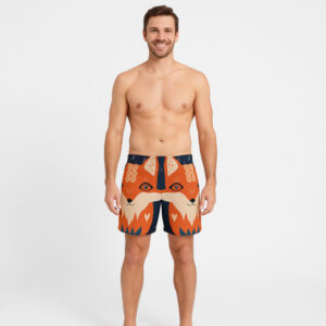Men’s swim trunks featuring two large, symmetrical orange fox faces with white muzzles and bold eyes on a navy background, with a drawstring waist and mid-thigh cut.