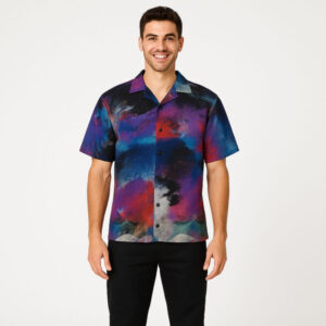 Short-sleeve button-up shirt featuring a chaotic, colorful paint-splatter design in purple, blue, red, and black tones, with a collar and front buttons.