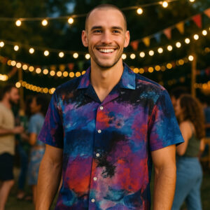 Short-sleeve button-up shirt featuring a chaotic, colorful paint-splatter design in purple, blue, red, and black tones, with a collar and front buttons.