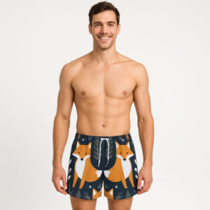 Navy blue men’s swim shorts with a pattern of orange foxes surrounded by white floral and plant elements. Features an adjustable white drawstring and mid-thigh length cut.