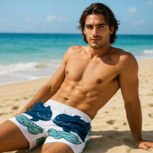 A pair of white men’s swim shorts featuring mirrored cartoon-style navy dolphins swimming over teal ocean waves. Includes a white drawstring waistband and fun, lighthearted beach design.