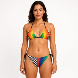 A vibrant two-piece bikini with a triangle top and tie-side bottoms. The design features a black-and-white checkerboard pattern mixed with a rainbow gradient, creating a bold, colorful statement. The top ties at the neck and back, while the bottoms tie at the hips.