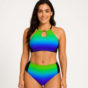 Two-piece cami keyhole swimsuit with a rainbow gradient front and black trim, featuring “ANXIETY” prescription-style text graphic on the back of the bottoms.