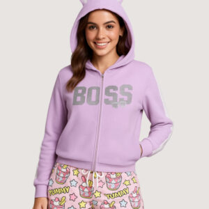 Model wearing a lavender zip-up hoodie with white stripes on the sleeves, silver "BOSS" text with mini sunglasses graphic, and 3D bunny ears on the hood.