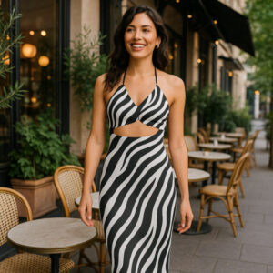 A cream and charcoal abstract zebra-patterned halter dress with a cutout back and midi length.