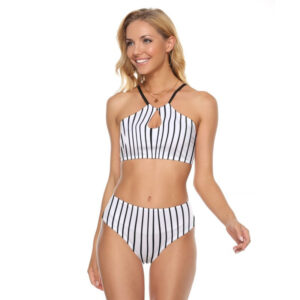 A black-and-white vertical pinstripe two-piece cami keyhole swimsuit featuring a high-neck top with a front cutout and high-waisted bottoms. The swimsuit gives a sporty, retro vibe with a modern, flirty silhouette.