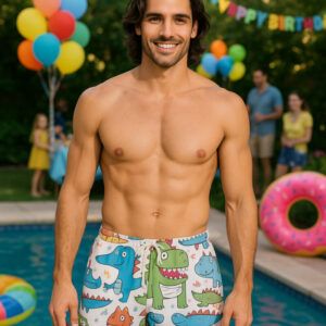 White men’s swim shorts featuring a colorful cartoon dinosaur pattern with various goofy expressions and party hats.