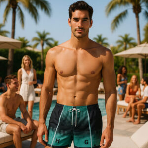 Men’s swim shorts with a modern green and black striped digital design and random letters printed across the front.