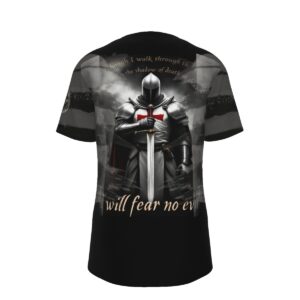 A black short-sleeve t-shirt with a large detailed graphic of a Templar knight in full armor holding a sword on the back of the shirt. The back text reads "Though I walk through the valley of the shadow of death, I will fear no evil." The front features a Celtic cross graphic on the left chest, and the sleeve displays a medieval coin design.