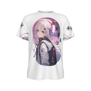 This white t-shirt features a large circular graphic design centered on the chest. The main image shows a cute anime-style character with light pink/white hair wearing a casual hoodie and backpack. The character is framed within a circular border with soft pink and purple gradient effects. The sleeves are decorated with black Chinese Characters meaning beautiful and amazing.  The shirt combines modern streetwear aesthetics with popular anime culture, making it perfect for fans of Japanese-inspired fashion.