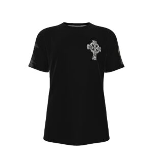 A black short-sleeve t-shirt with a large detailed graphic of a Templar knight in full armor holding a sword on the back of the shirt. The back text reads "Though I walk through the valley of the shadow of death, I will fear no evil." The front features a Celtic cross graphic on the left chest, and the sleeve displays a medieval coin design.