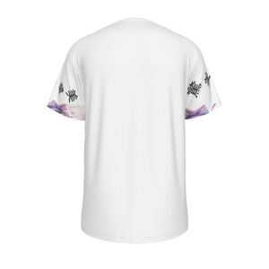 This white t-shirt features a large circular graphic design centered on the chest. The main image shows a cute anime-style character with light pink/white hair wearing a casual hoodie and backpack. The character is framed within a circular border with soft pink and purple gradient effects. The sleeves are decorated with black Chinese Characters meaning beautiful and amazing.  The shirt combines modern streetwear aesthetics with popular anime culture, making it perfect for fans of Japanese-inspired fashion.