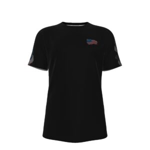 A black short-sleeve t-shirt with an all-over American flag graphic in muted red, white, and blue tones. On the back, a soldier silhouette overlays the flag with the large bold text: 'One Died For Your Soul, One Died For Your Freedom.' The design is strong and patriotic, blending faith and military honor.