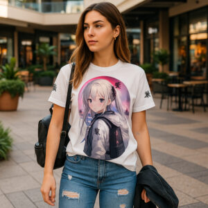 This white t-shirt features a large circular graphic design centered on the chest. The main image shows a cute anime-style character with light pink/white hair wearing a casual hoodie and backpack. The character is framed within a circular border with soft pink and purple gradient effects. The sleeves are decorated with black Chinese Characters meaning beautiful and amazing.  The shirt combines modern streetwear aesthetics with popular anime culture, making it perfect for fans of Japanese-inspired fashion.