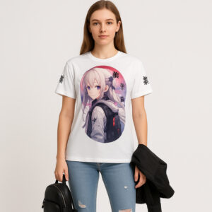 This white t-shirt features a large circular graphic design centered on the chest. The main image shows a cute anime-style character with light pink/white hair wearing a casual hoodie and backpack. The character is framed within a circular border with soft pink and purple gradient effects. The sleeves are decorated with black Chinese Characters meaning beautiful and amazing.  The shirt combines modern streetwear aesthetics with popular anime culture, making it perfect for fans of Japanese-inspired fashion.