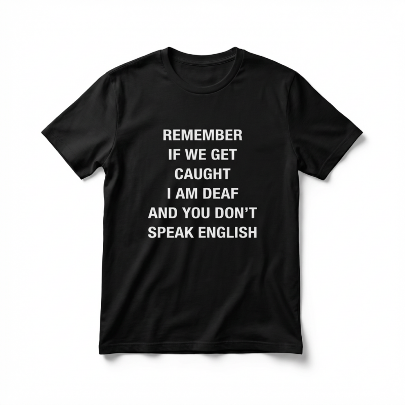 Black T-shirt with white text: 'REMEMBER IF WE GET CAUGHT I AM DEAF AND YOU DON'T SPEAK ENGLISH' in stacked uppercase lines.