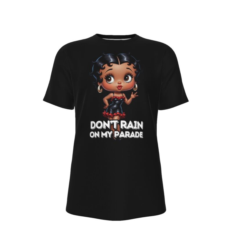 Black cotton t-shirt featuring Betty Boop graphic in red dress with white text "DON'T RAIN ON MY PARADE"