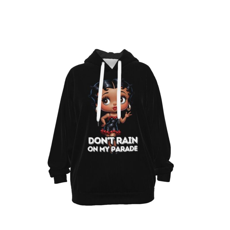 Black oversized hoodie with Betty Boop graphic in red dress, white text "DON'T RAIN ON MY PARADE", and white drawstrings