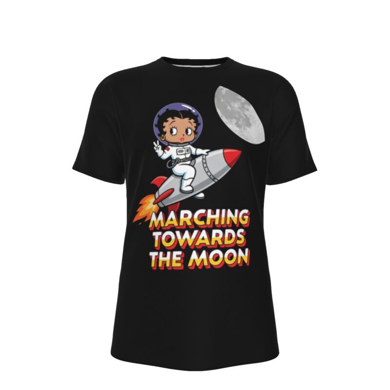 Black cotton t-shirt with colorful Betty Boop astronaut graphic riding a rocket to the moon and bold text "MARCHING TOWARDS THE MOON"