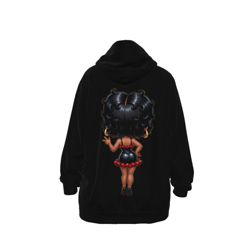 Black oversized hoodie featuring Betty Boop graphic in red dress with white text "DON'T RAIN ON MY PARADE" and white drawstrings Back view of betty boop cute and sassy curves
