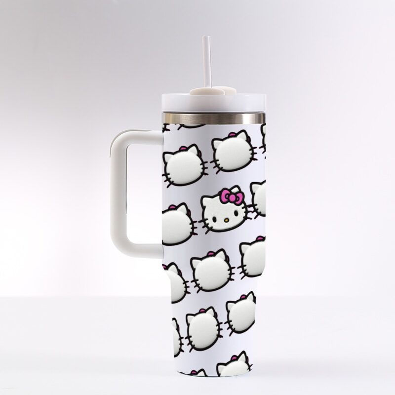 White 40oz tumbler with all-over repeating Hello Kitty face pattern, white handle and white straw lid