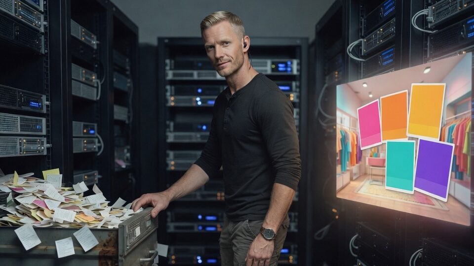 Haugen closing an overflowing junk drawer in a server aisle as a colorful MOOD:ME storefront glows beside him